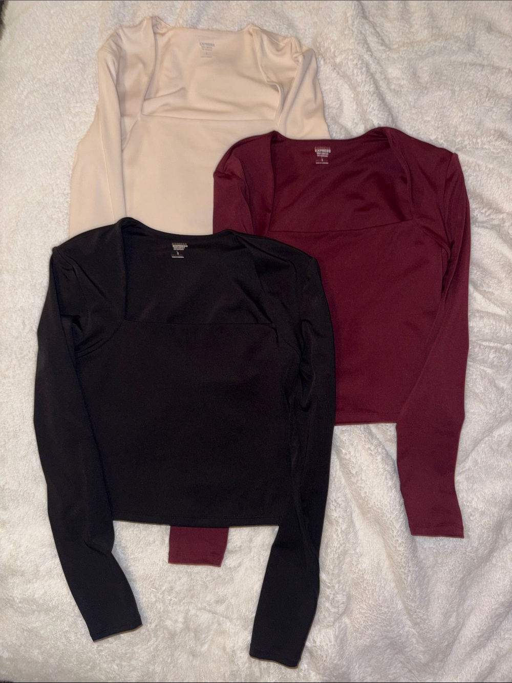 Express Long Sleeve Tees in Black, Burgundy, and Cream